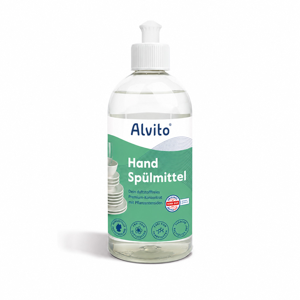 Alvito Handspülmittel 500 ml in transparenter Flasche mit weißem Dosieraufsatz und grün-weißem Etikett vor weißem Hintergrund