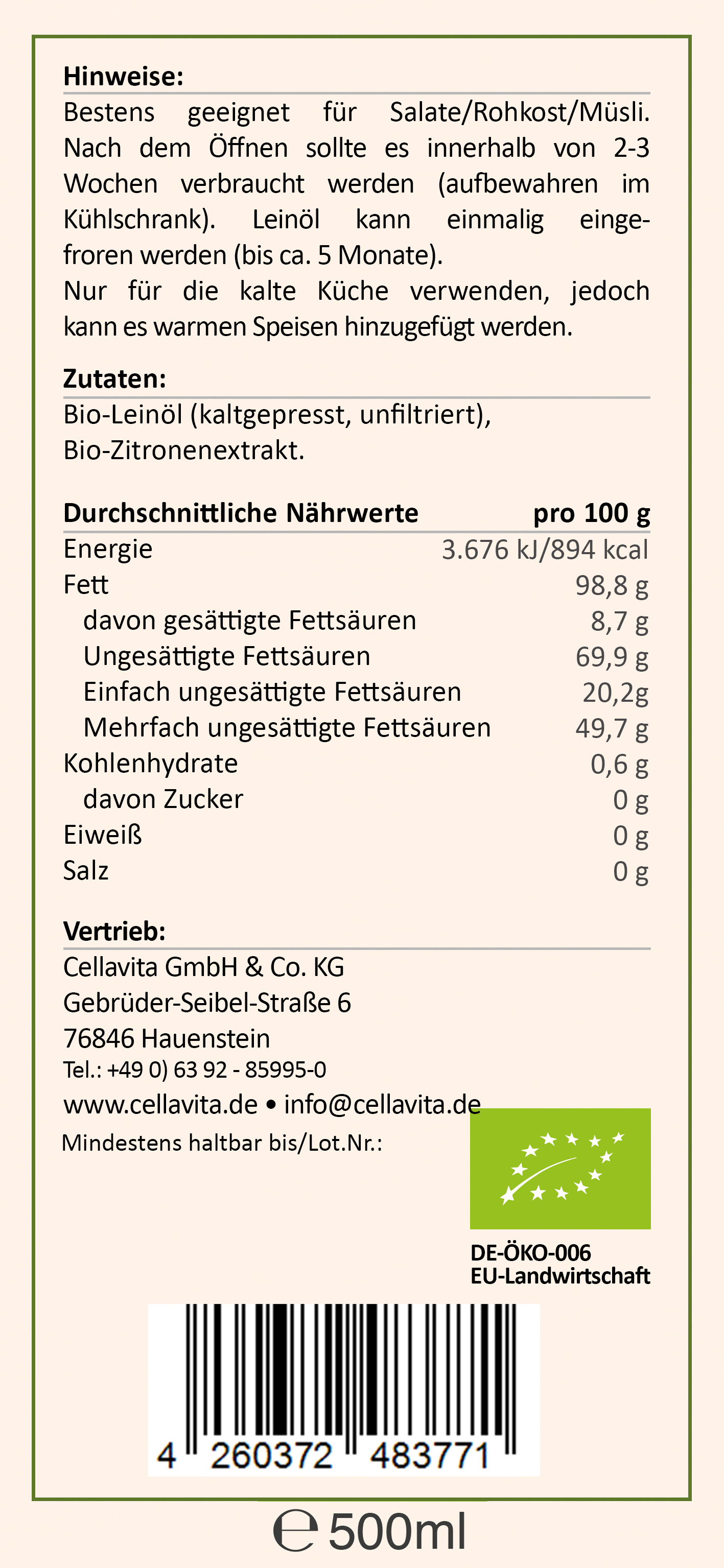 Saatengold-Bio-Feinschmecker-Öle "Leinöl Zitrone" 