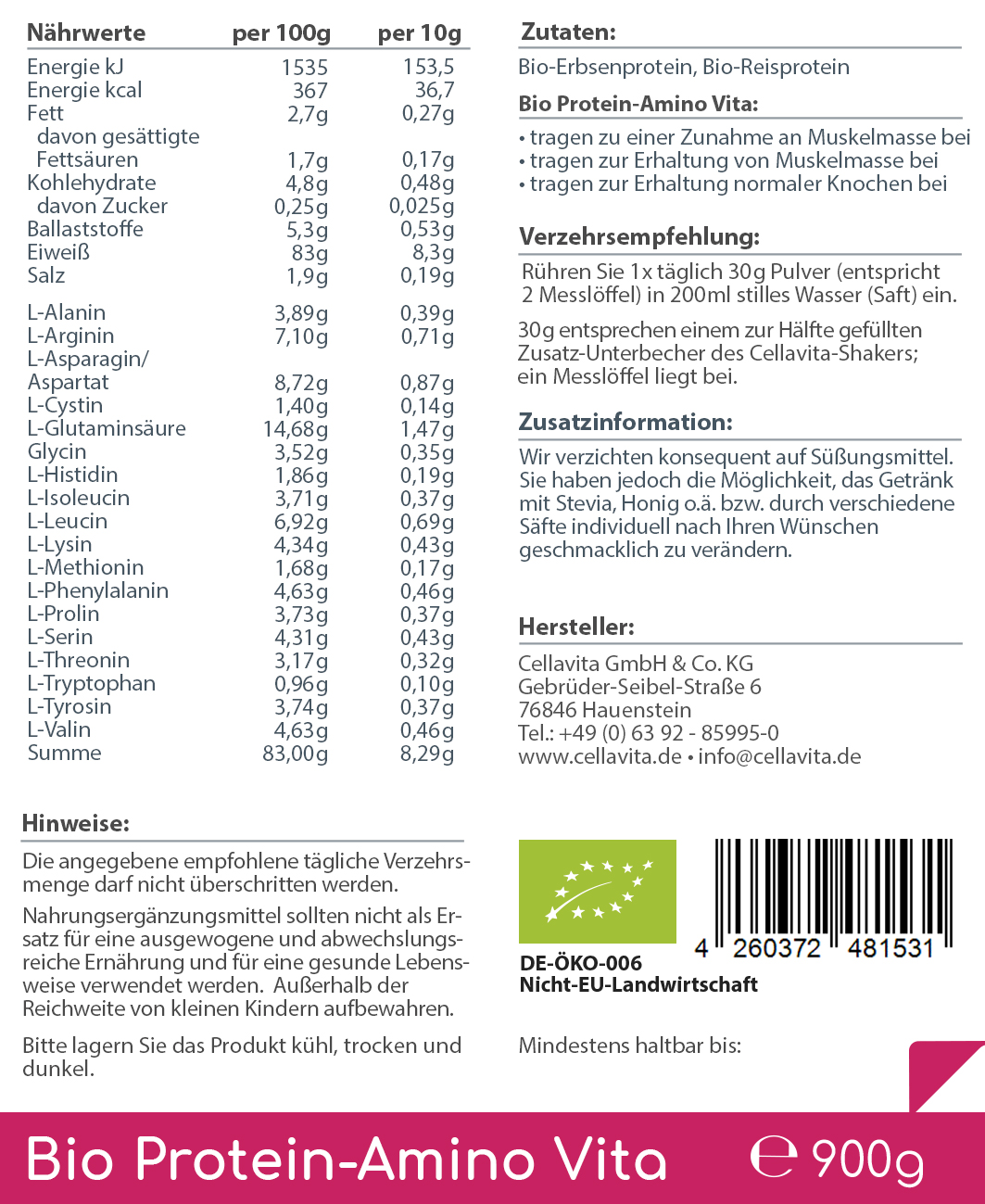 Bio Protein-Amino Vita - 30 Portionen - 900g Vorratsbeutel