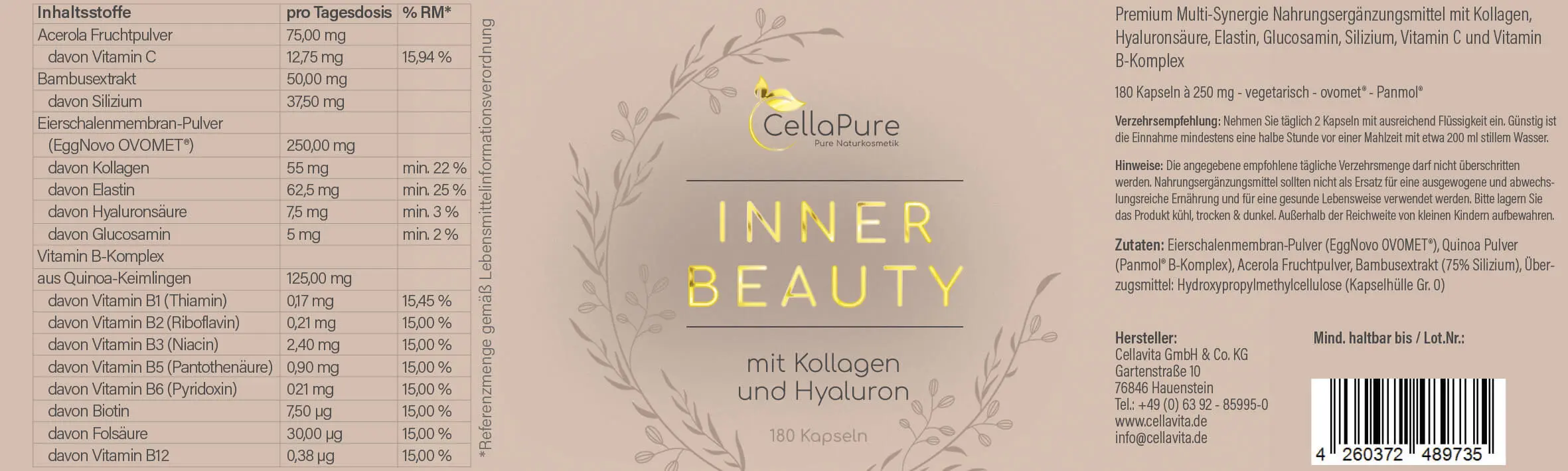 CellaPure Inner Beauty mit Kollagen und Hyaluron 180 Kapseln