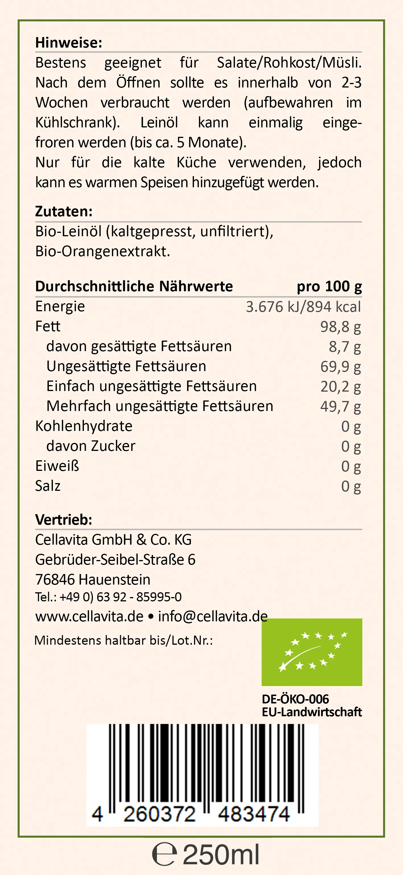 Saatengold-Bio-Feinschmecker-Öle "Leinöl Orange" 