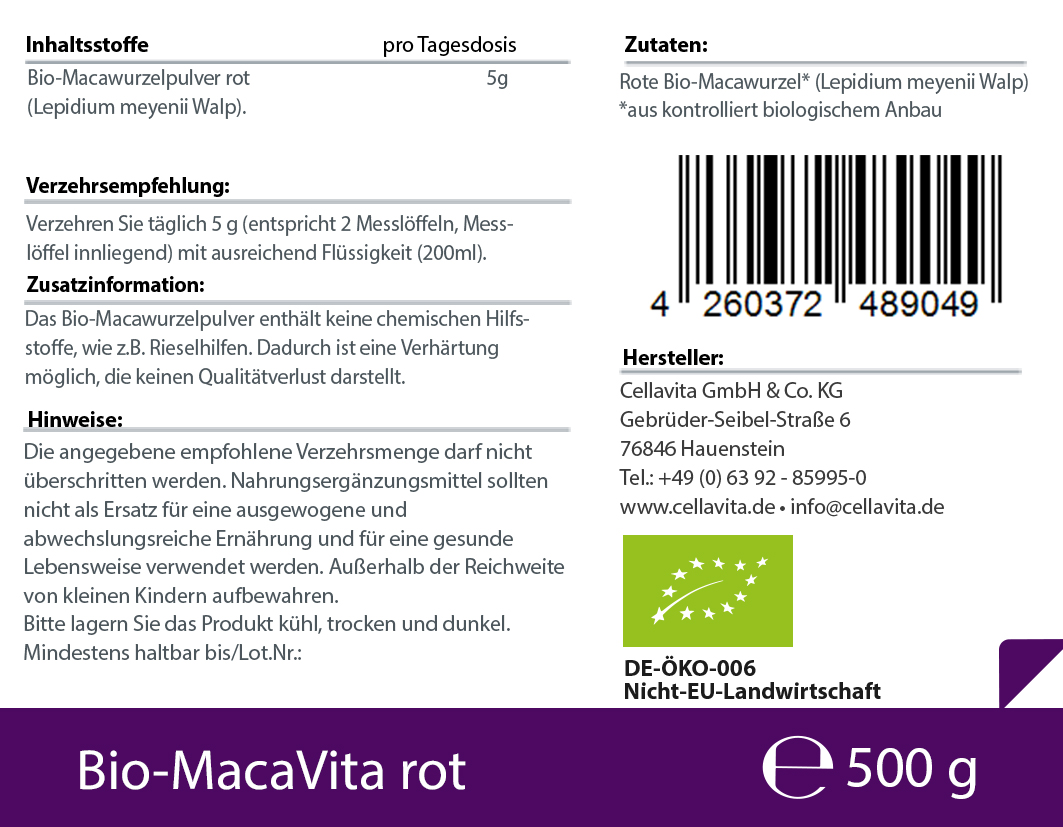 Bio-Maca Vita rot (3,5 Monatsvorrat) - 500 g Pulver im Vorratsbeutel