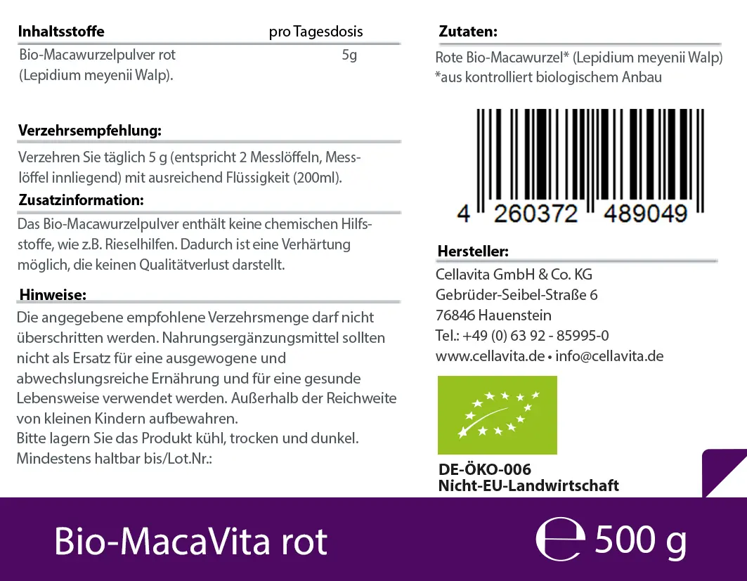 Bio-Maca Vita rot (3,5 Monatsvorrat) - 500 g Pulver im Vorratsbeutel