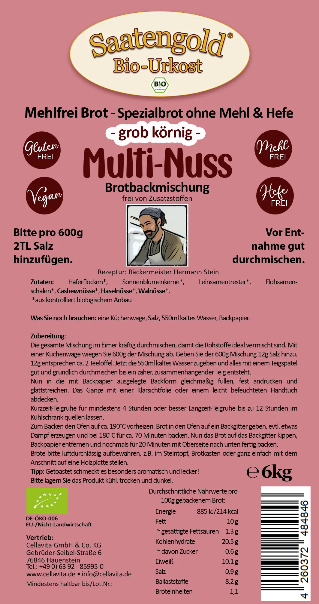 Mehlfreibrot Multi-Nuss -grob körnig- Bio Brotbackmischung 