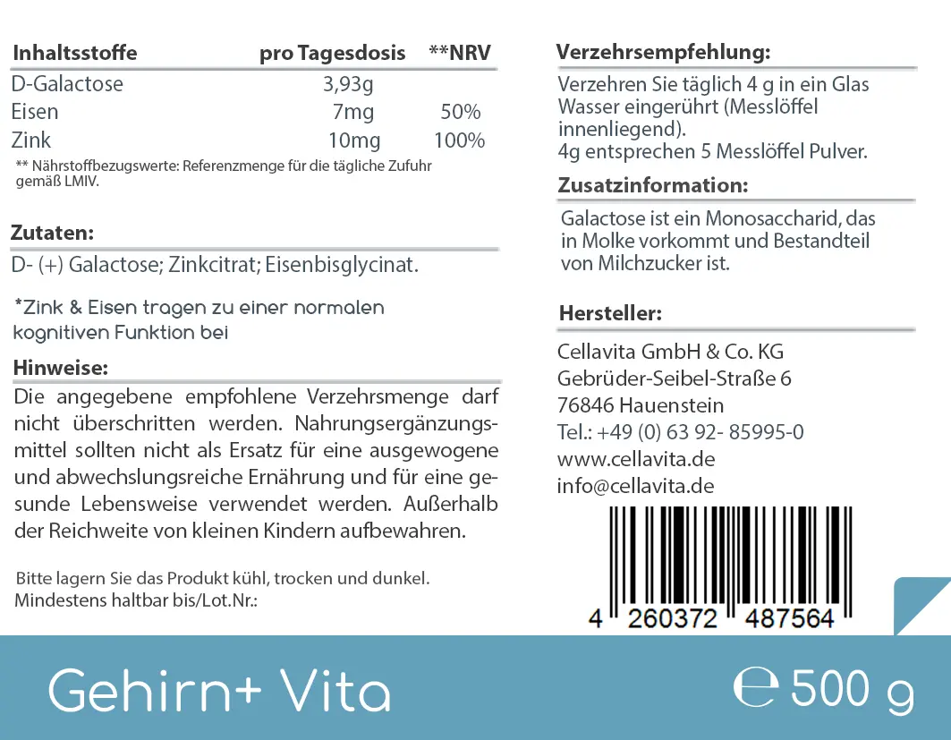 Gehirn+ Vita Pulver (mit D-Galactose, Eisen & Zink)