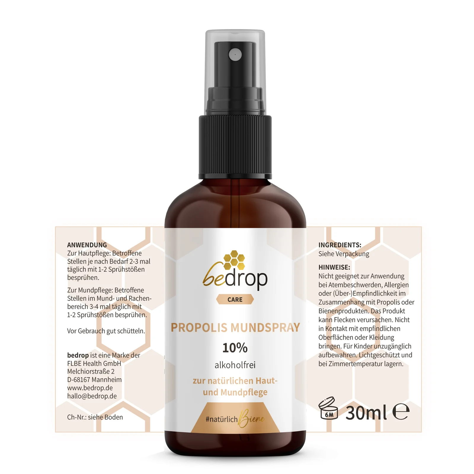 bedrop Propolis Mundspray 10 % alkoholfrei in brauner Glasflasche mit schwarzem Sprühkopf, neben aufgeklapptem Produktetikett mit Inhaltsstoffen, Anwendungshinweisen und Produktinformationen.