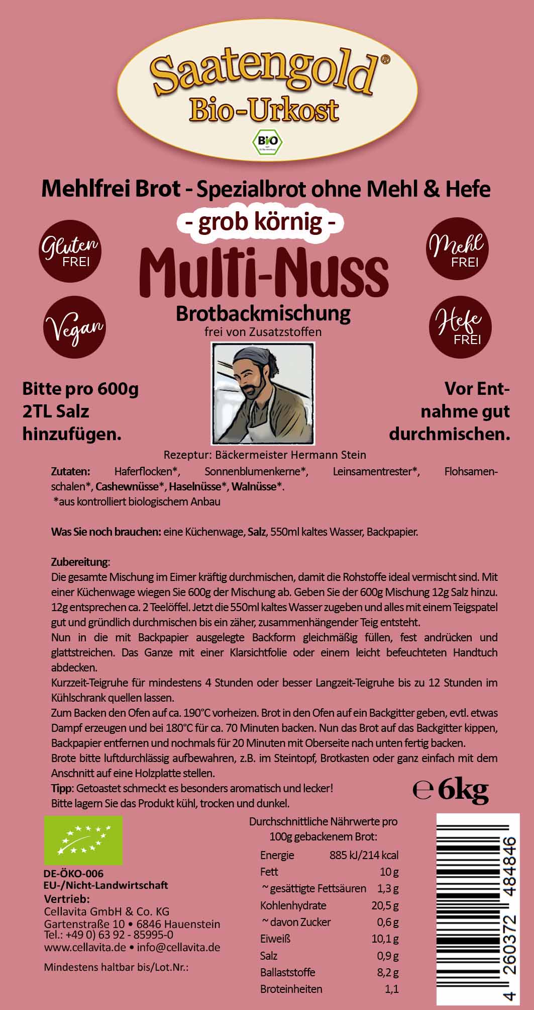 Mehlfreibrot Multi-Nuss -grob körnig- Bio Brotbackmischung 