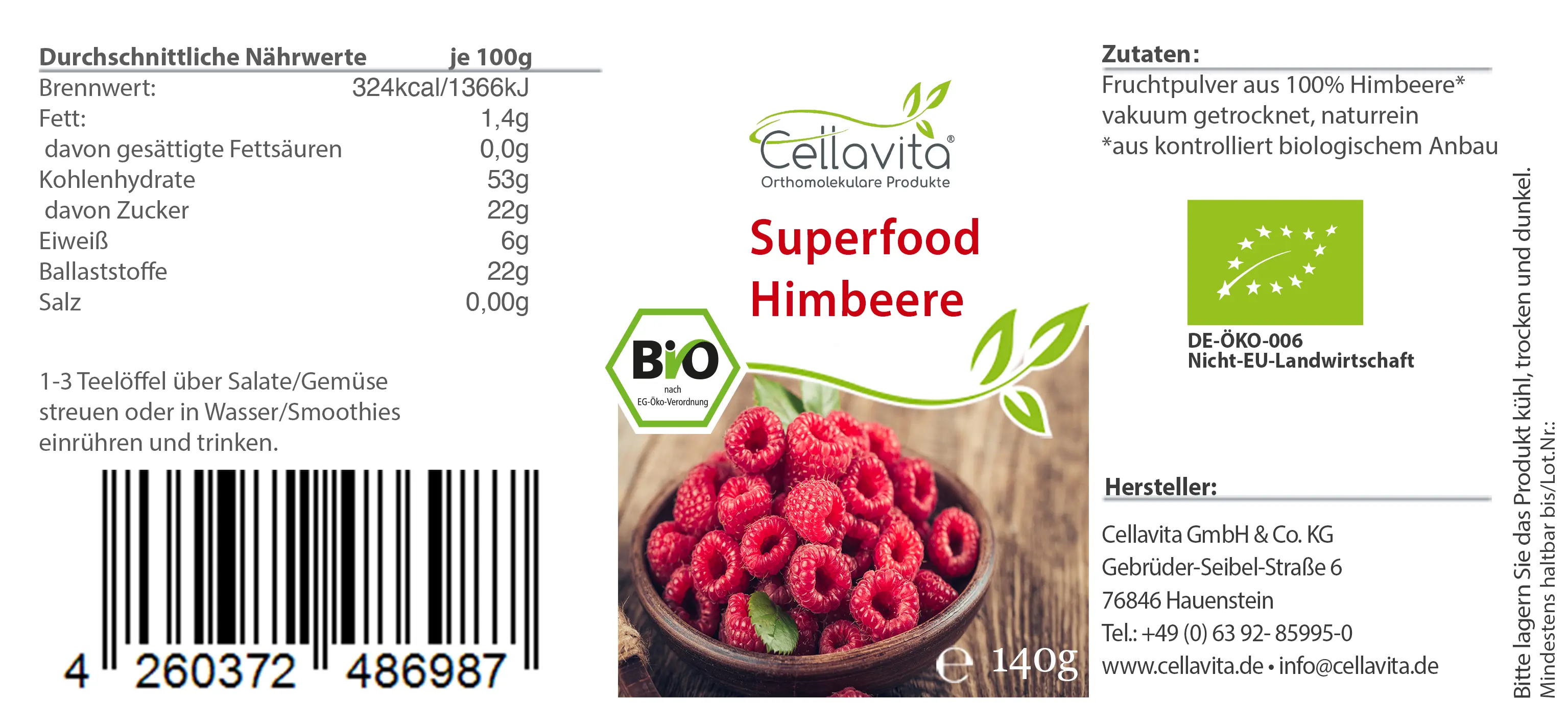 Superfood Himbeere bio 140g im Glas