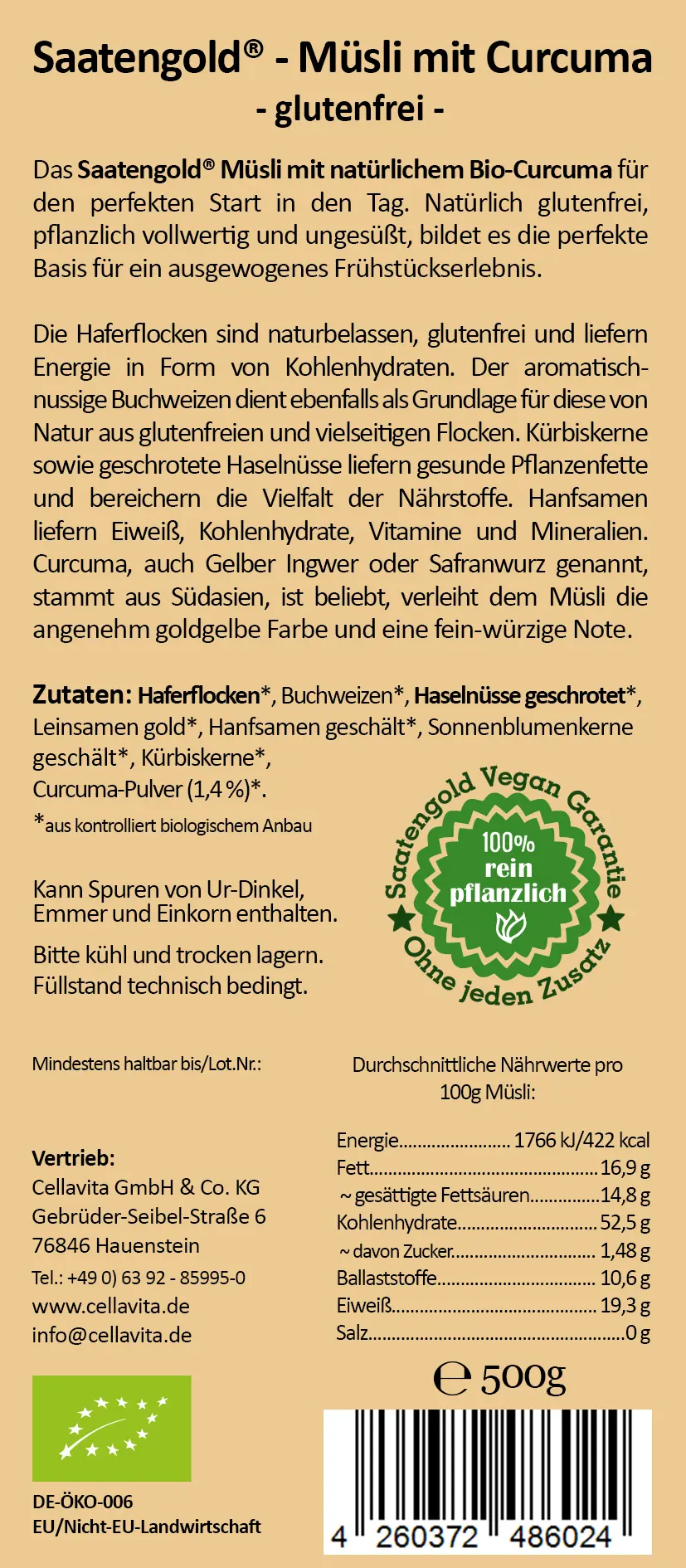 Saatengold® - Bio Müsli mit Curcuma - glutenfrei & vegan - 500g