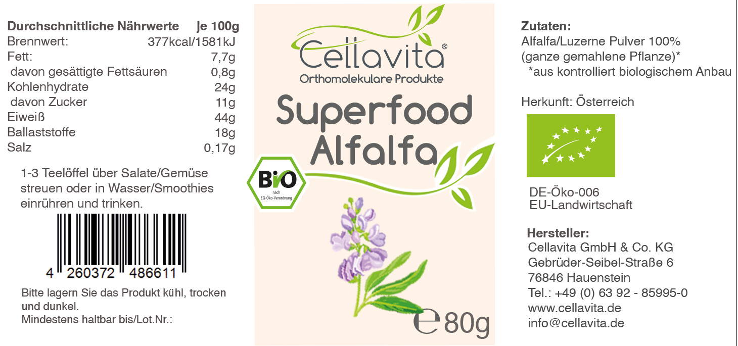Superfood Alfalfa bio Pulver 80g im Glas
