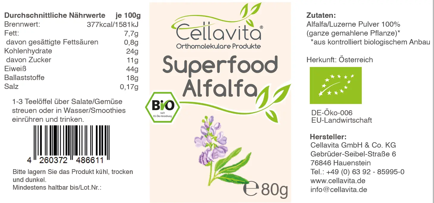 Superfood Alfalfa bio Pulver 80g im Glas