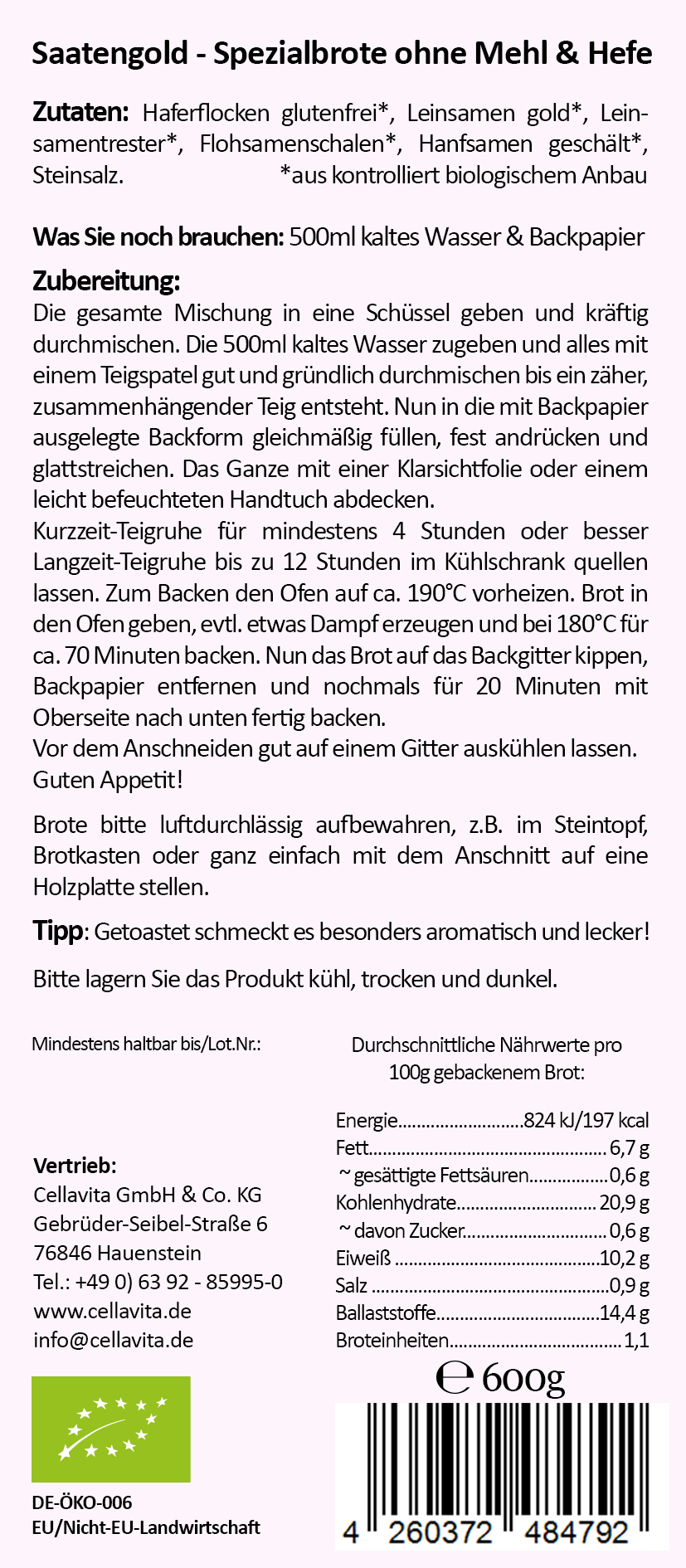 Mehlfreibrot Hanf & Lein -grob körnig- Bio Brotbackmischung 