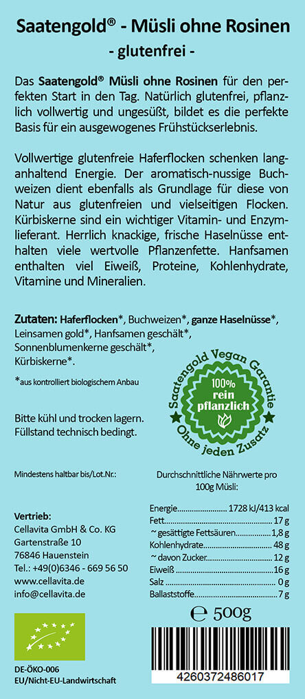 Saatengold® - Bio Müsli ohne Rosinen - glutenfrei & vegan - 500g