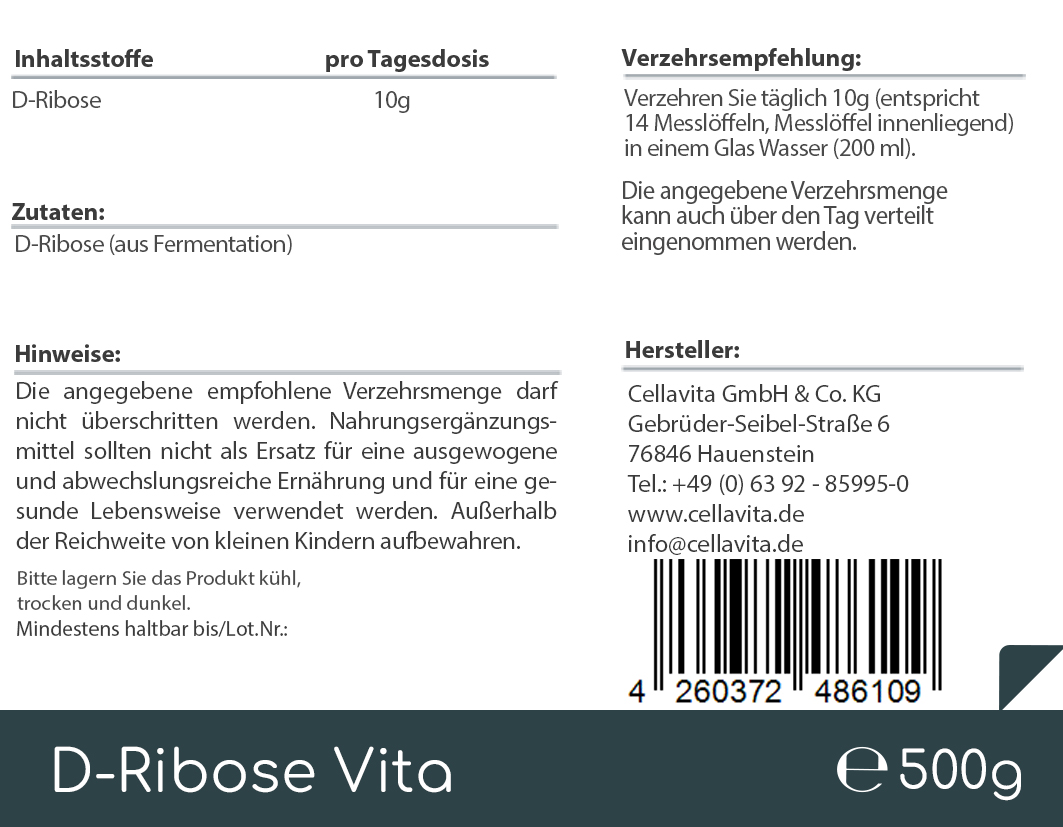 D-Ribose Vita Pulver 500g Vorratsbeutel