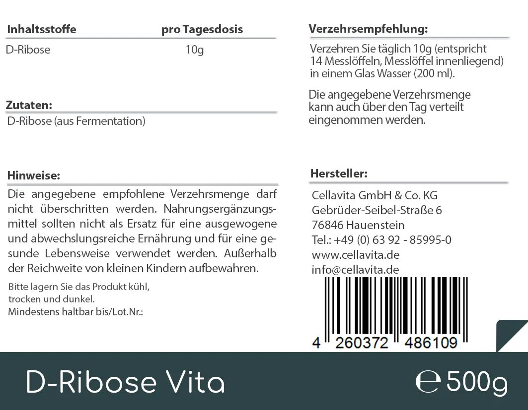 D-Ribose Vita Pulver 500g Vorratsbeutel