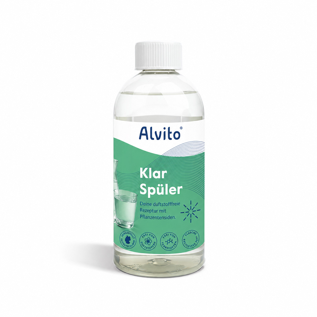 Alvito Klarspüler 500 ml in transparenter Flasche mit weißem Schraubverschluss und grün-weißem Etikett vor weißem Hintergrund