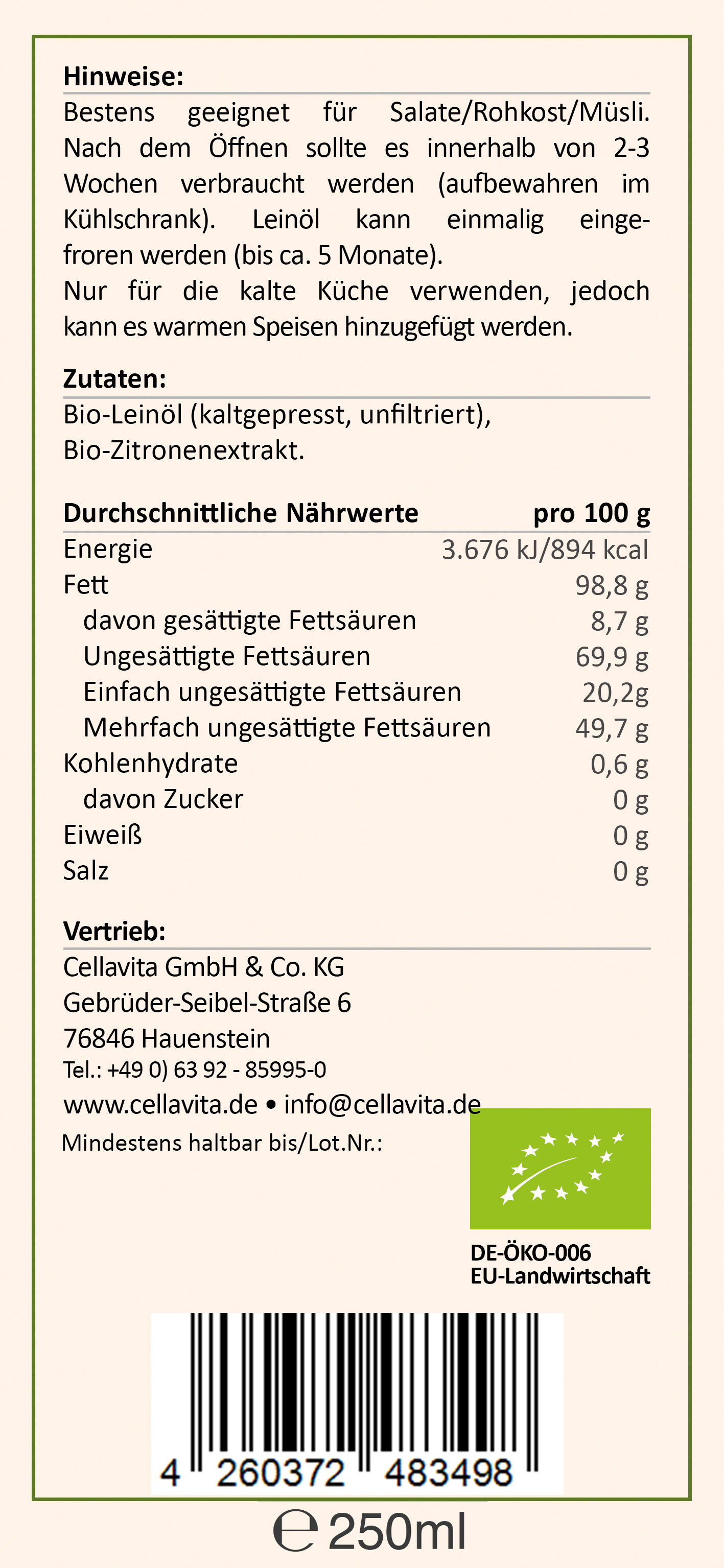 Saatengold-Bio-Feinschmecker-Öle "Leinöl Zitrone" 