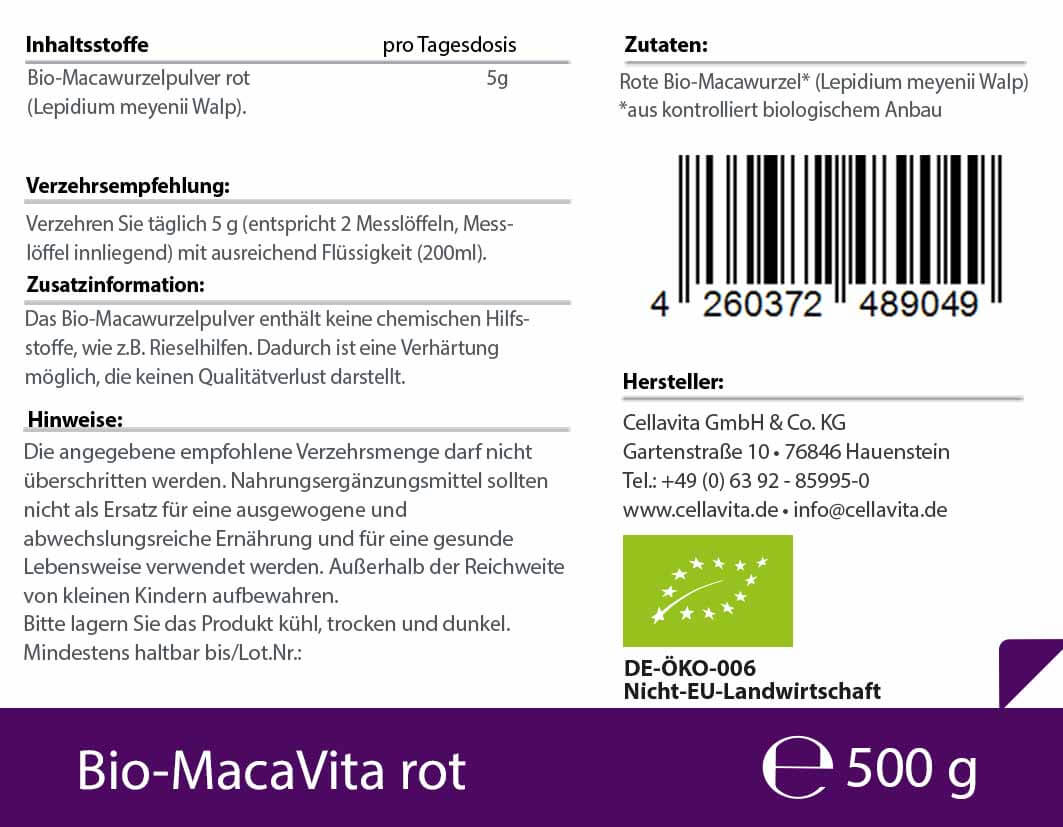 Bio-Maca Vita rot (3,5 Monatsvorrat) - 500 g Pulver im Vorratsbeutel
