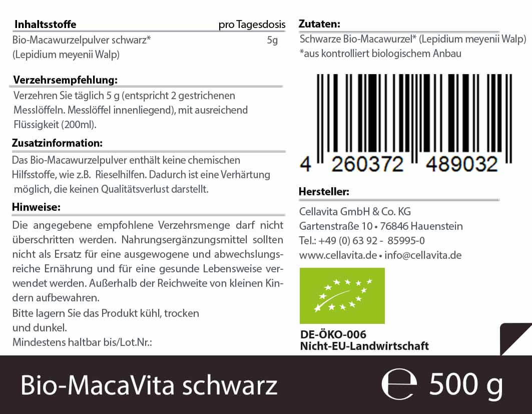 Bio-Maca Vita schwarz (3,5 Monatsvorrat) - 500 g Pulver im Vorratsbeutel