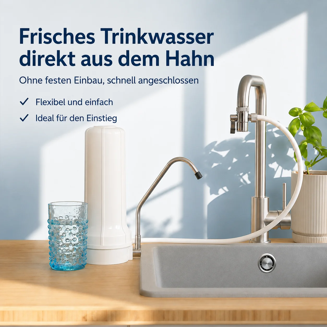 Alvito Auftischfilter für frisches Trinkwasser direkt aus dem Wasserhahn, weißes Wasserfiltergehäuse mit separatem Auslauf und flexiblem Schlauch, einfach anzuschließen ohne festen Einbau.