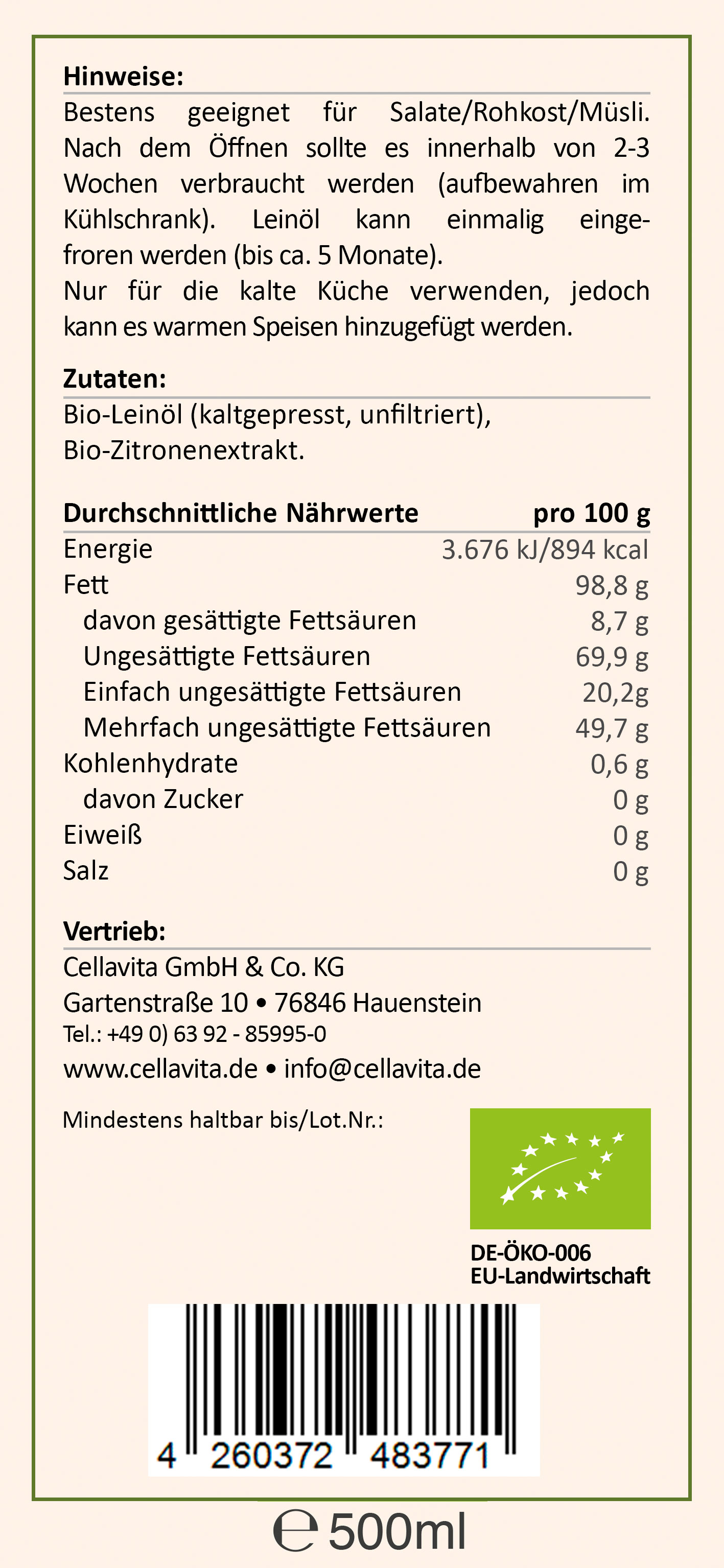 Saatengold-Bio-Feinschmecker-Öle "Leinöl Zitrone" 