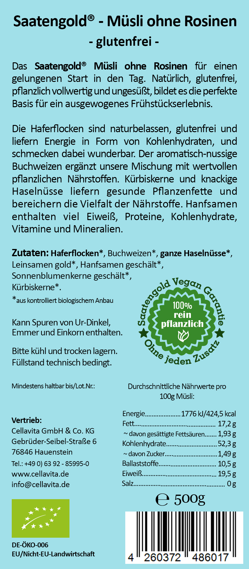 Saatengold® - Bio Müsli ohne Rosinen - glutenfrei & vegan - 500g