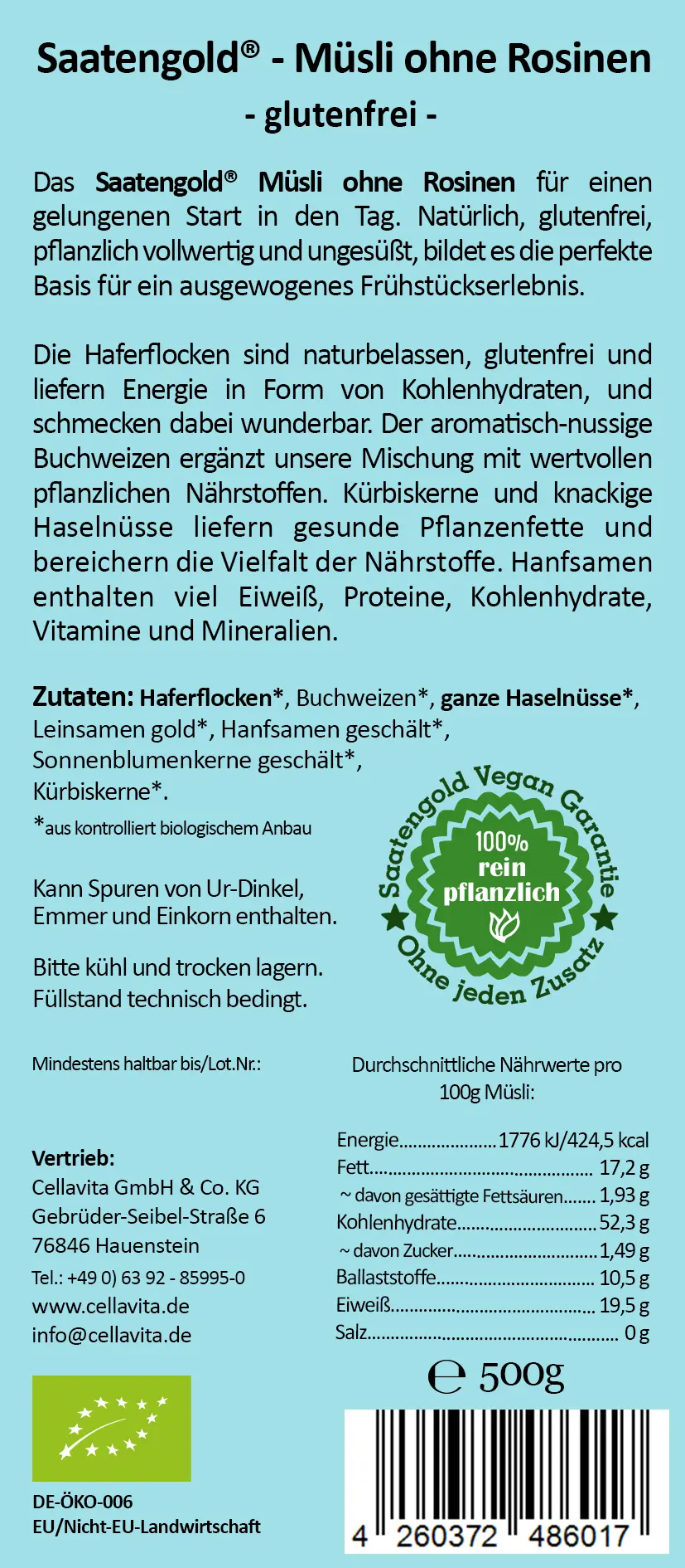 Saatengold® - Bio Müsli ohne Rosinen - glutenfrei & vegan - 500g