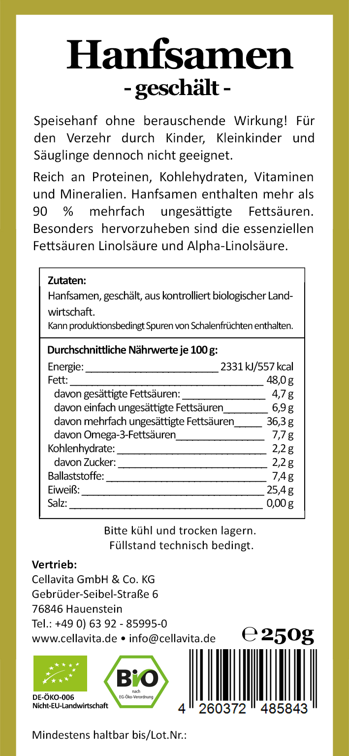 Bio-Hanfsamen geschält -ungeröstet- 250g