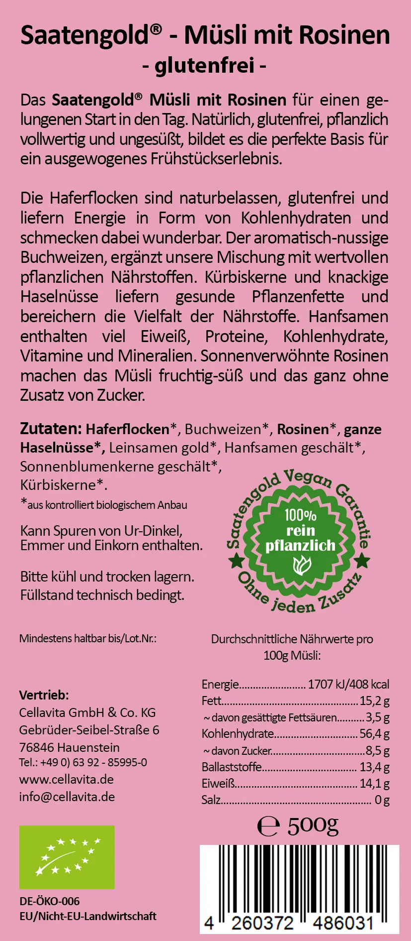 Saatengold® - Bio Müsli mit Rosinen - glutenfrei & vegan - 500g