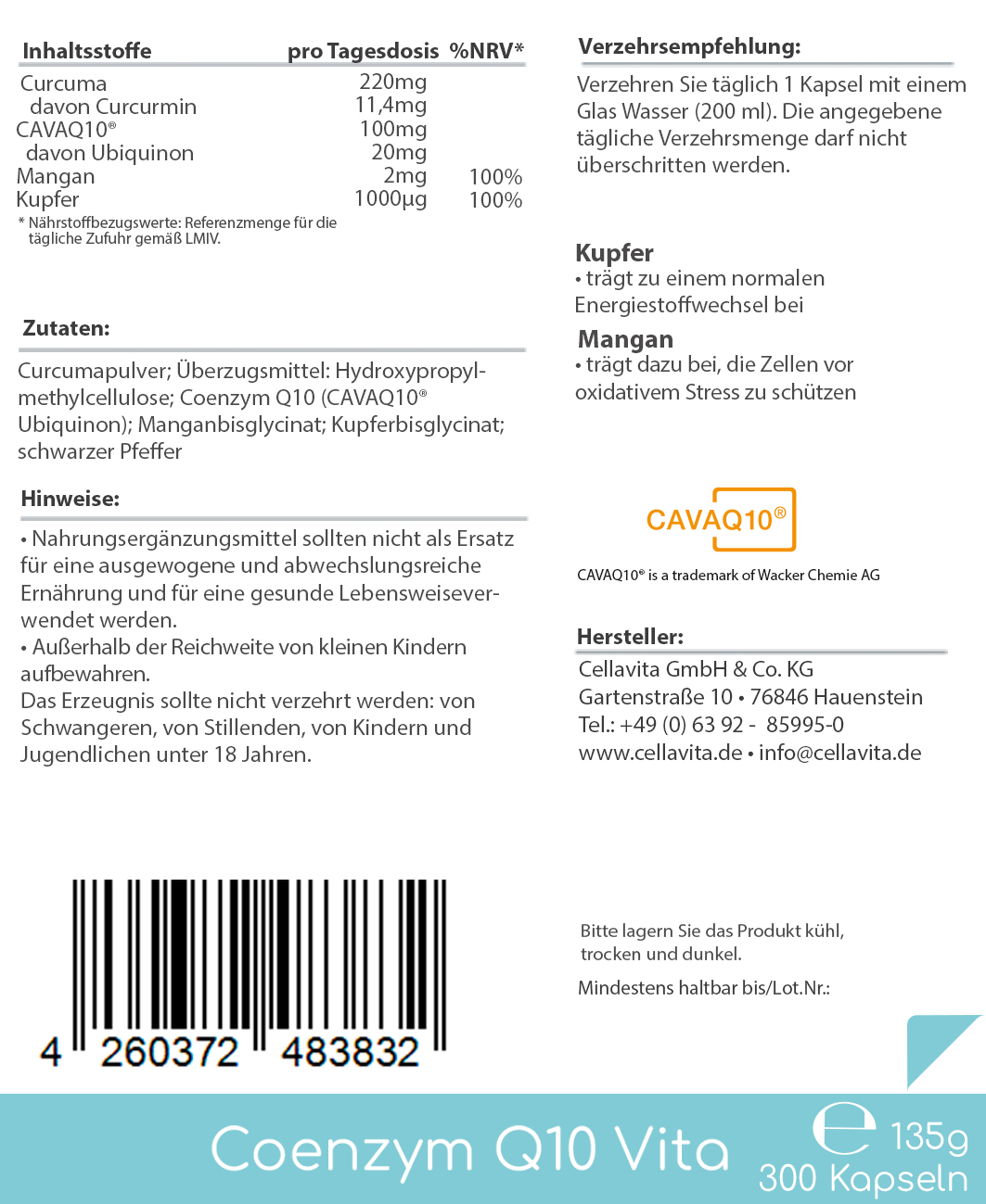 Coenzym Q10 Vita | (Mit Kurkuma + Mangan + Kupfer)
