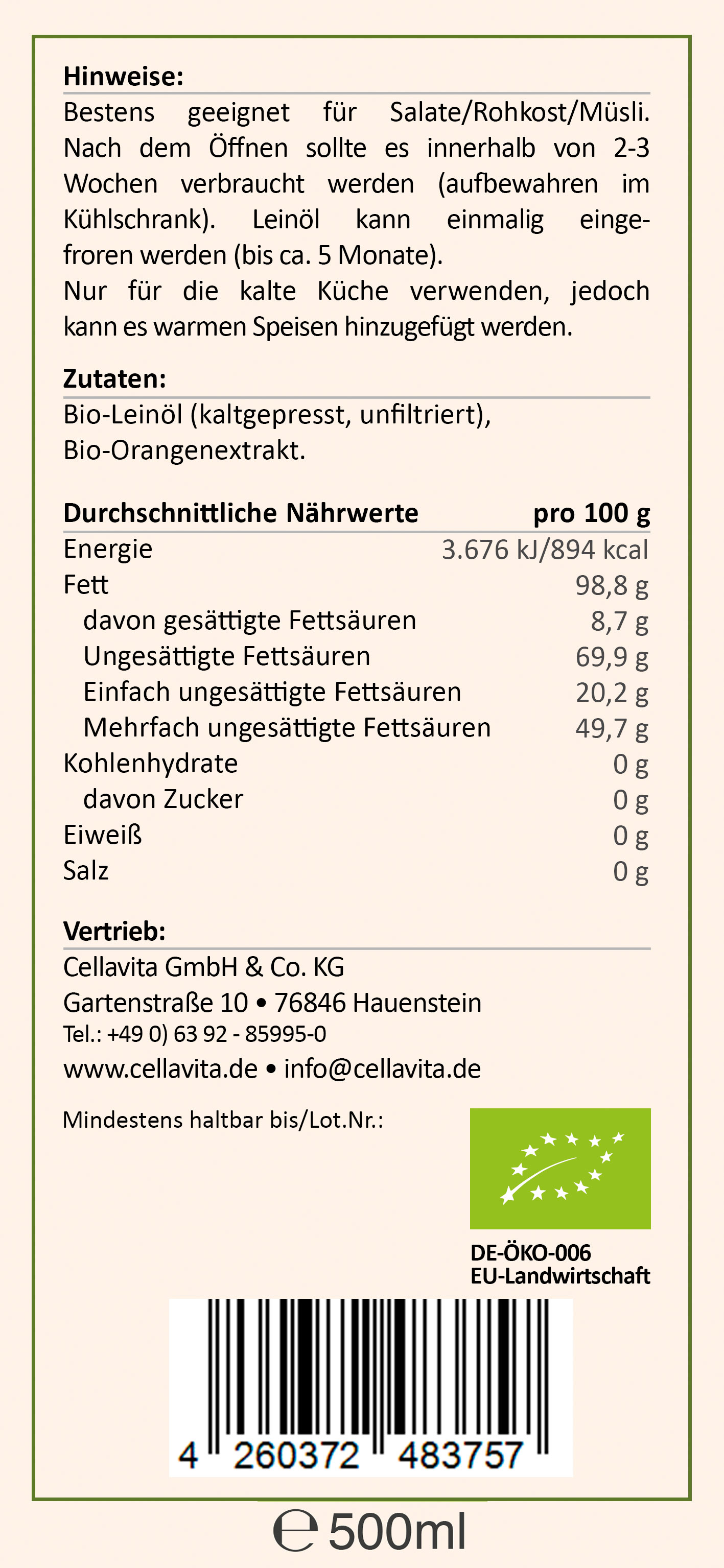 Saatengold-Bio-Feinschmecker-Öle "Leinöl Orange" 