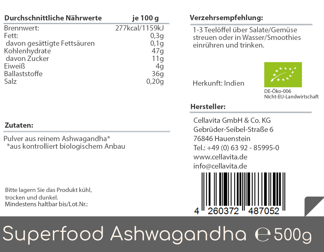 Superfood Ashwagandha bio 500g Pulver Vorratsbeutel