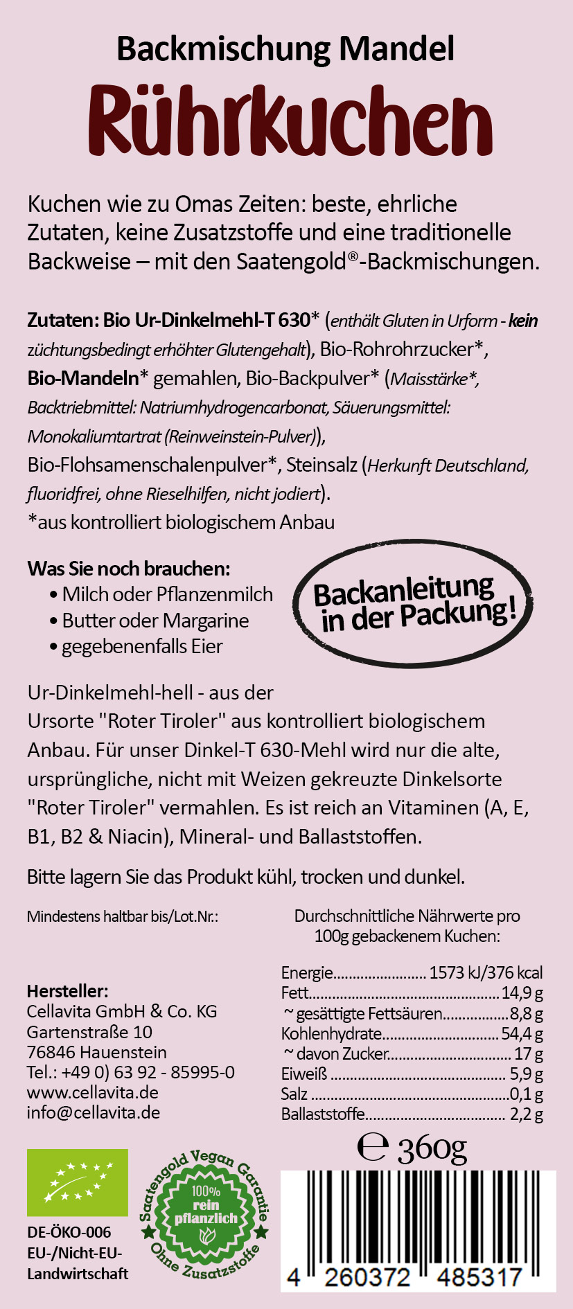 Mandelkuchen Backmischung (Bio) Ur-Dinkel hell 360g
