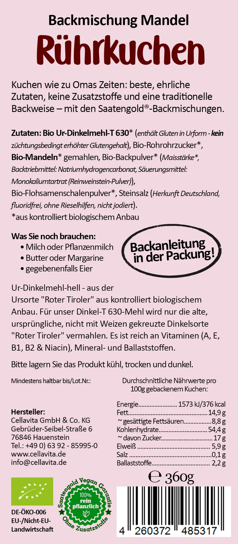 Mandelkuchen Backmischung (Bio) Ur-Dinkel hell 360g