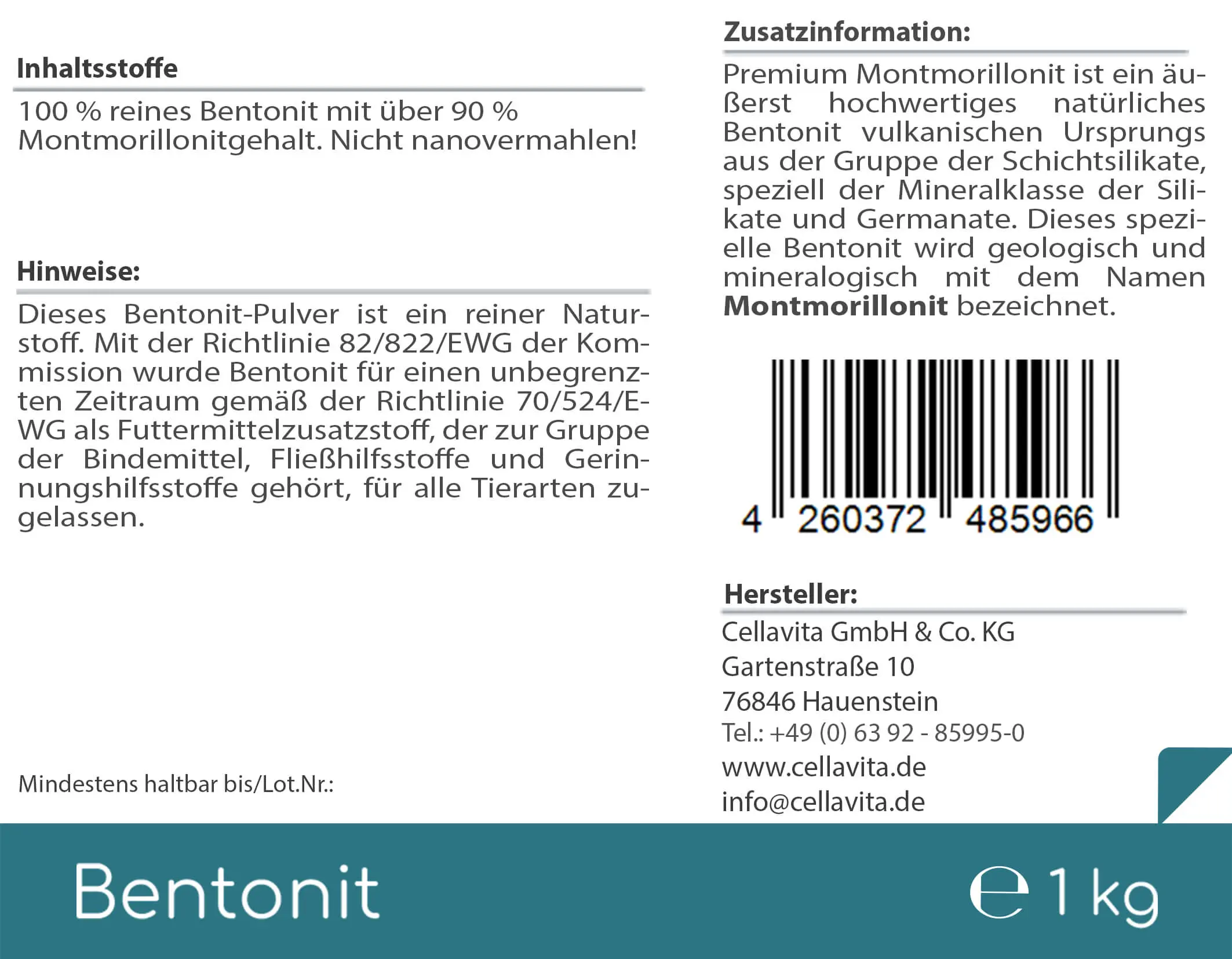 Premium Bentonit Montmorillonit 1kg Pulver im Vorratsbeutel