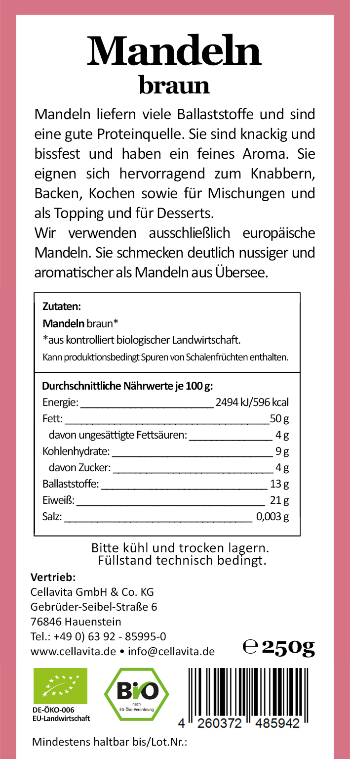 Bio-Mandeln braun - Rohkostqualität - 250g