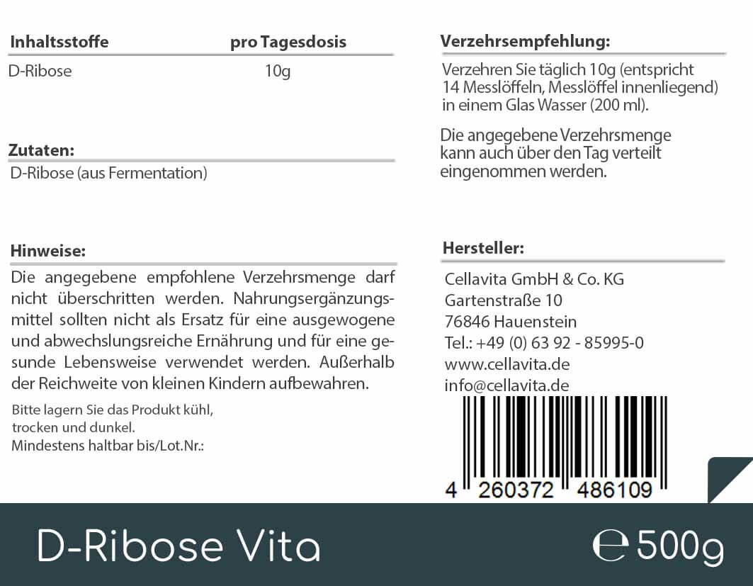 D-Ribose Vita Pulver 500g Vorratsbeutel