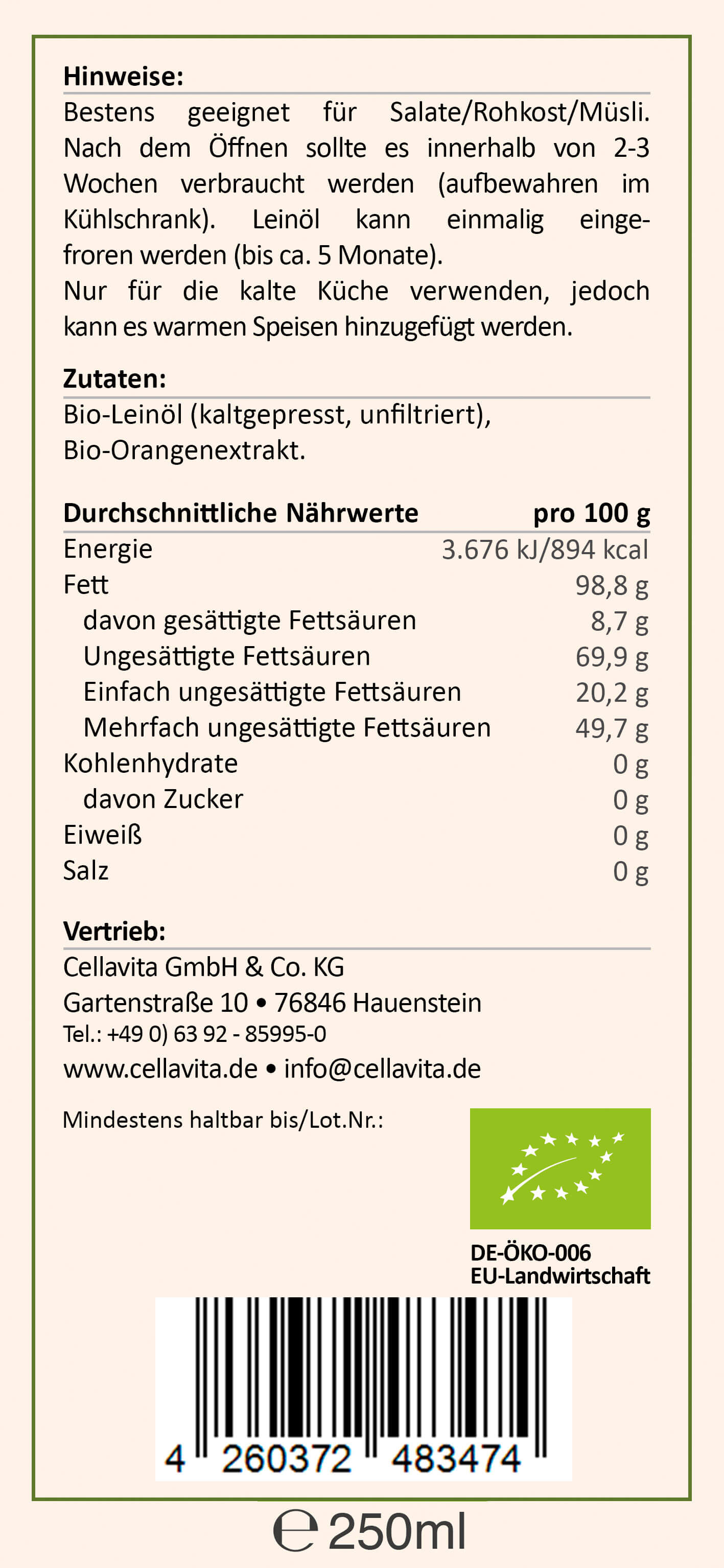 Saatengold-Bio-Feinschmecker-Öle "Leinöl Orange" 