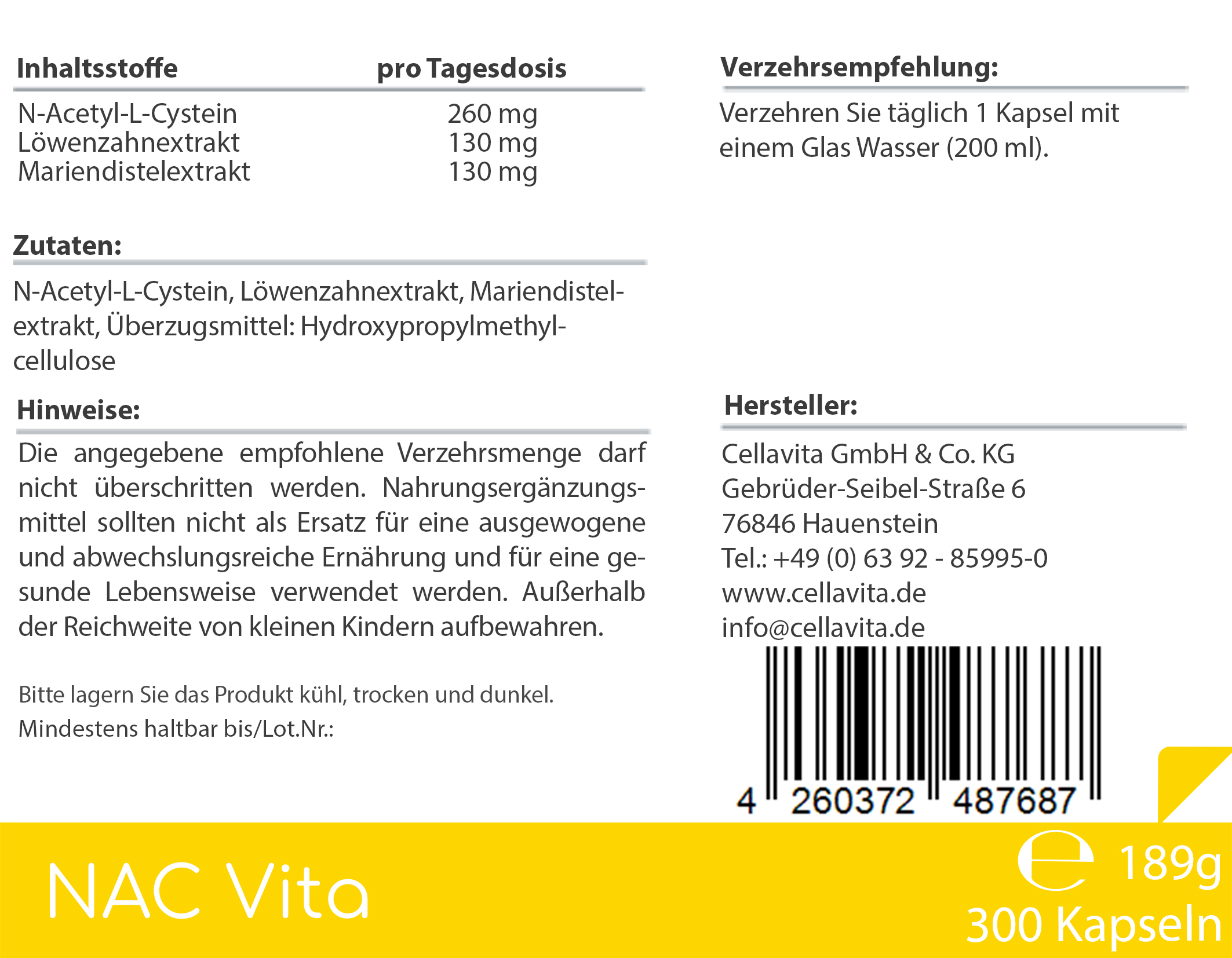 NAC Vita - 260 mg - N-Acetyl-L-Cystein aus natürlicher Fermentation - Kapseln