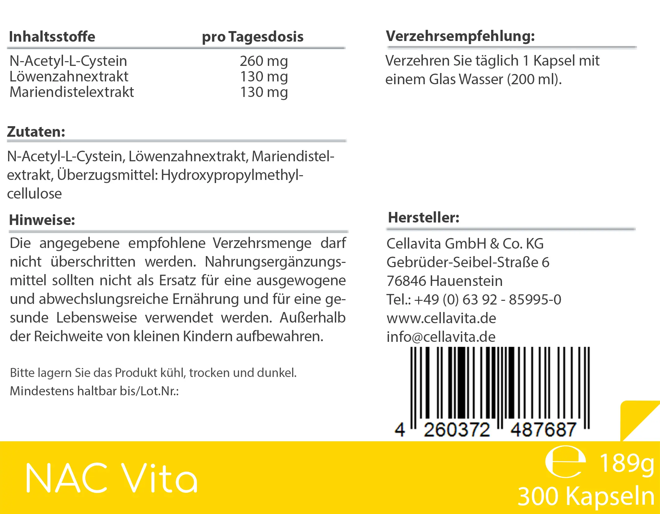 NAC Vita - 260 mg - N-Acetyl-L-Cystein aus natürlicher Fermentation - Kapseln