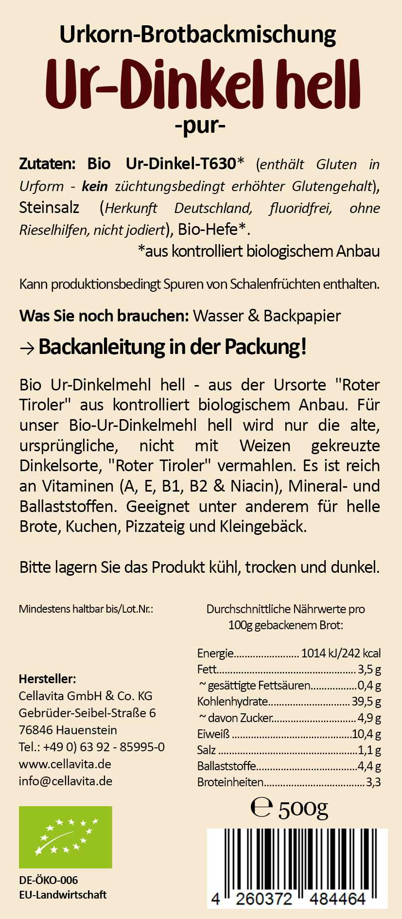 Mehl-Brotbackmischung (Bio) Ur-Dinkel hell pur 500g