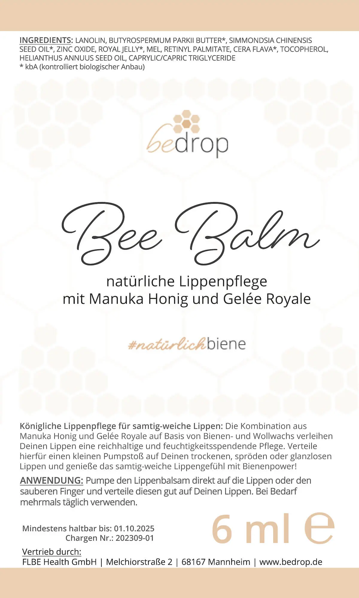 Natürlicher Lippenpflegebalsam Lippenpflege mit Manuka Honig 6ml