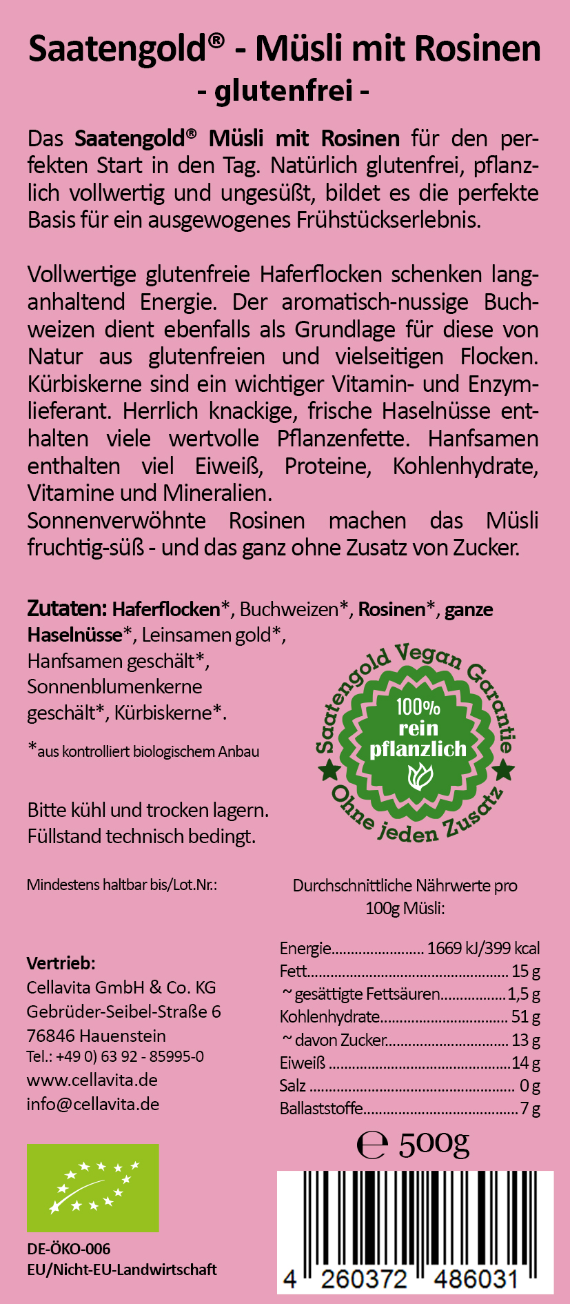 Saatengold® - Bio Müsli mit Rosinen - glutenfrei & vegan - 500g