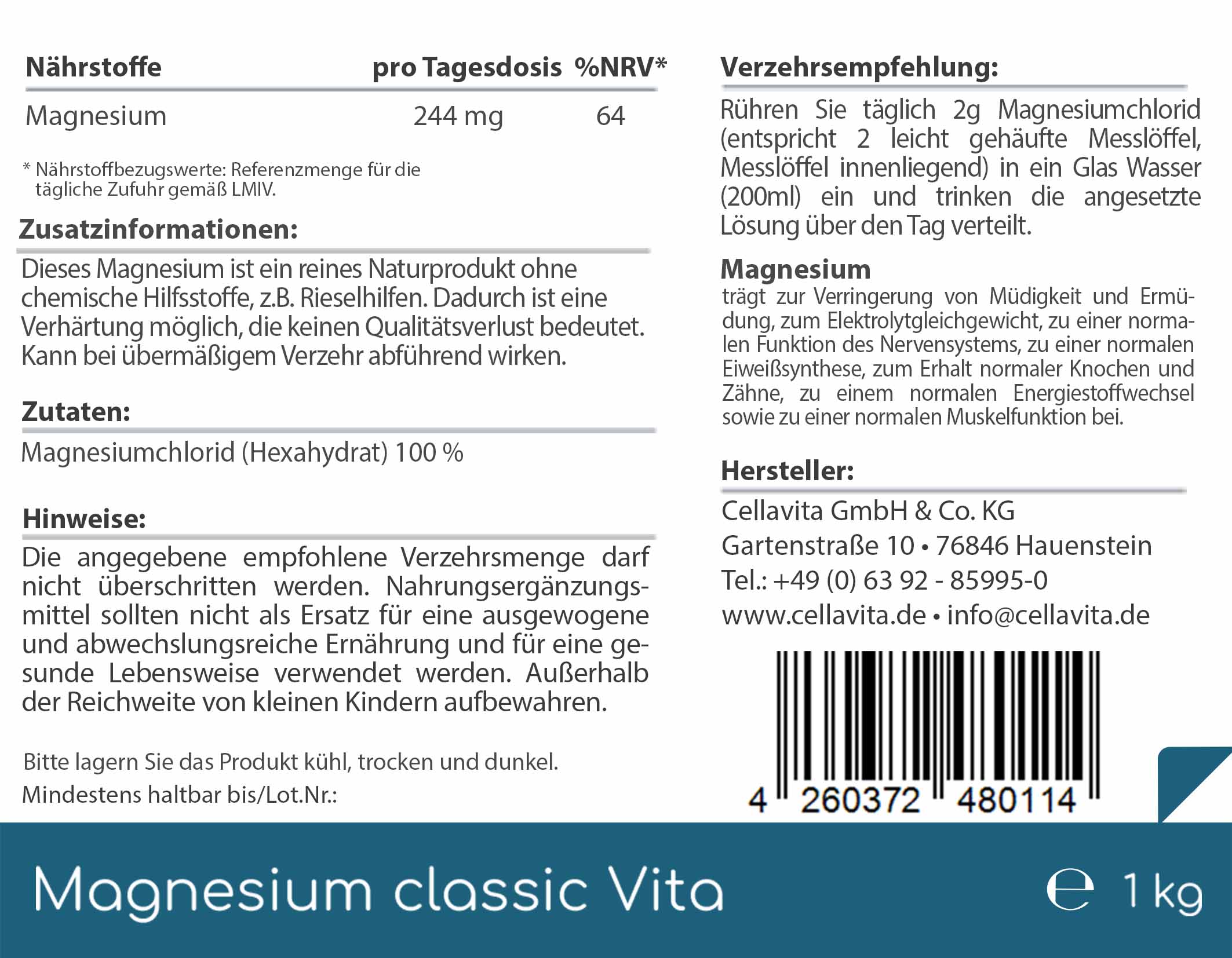Magnesium Vita 'classic' (100%) Pulver
