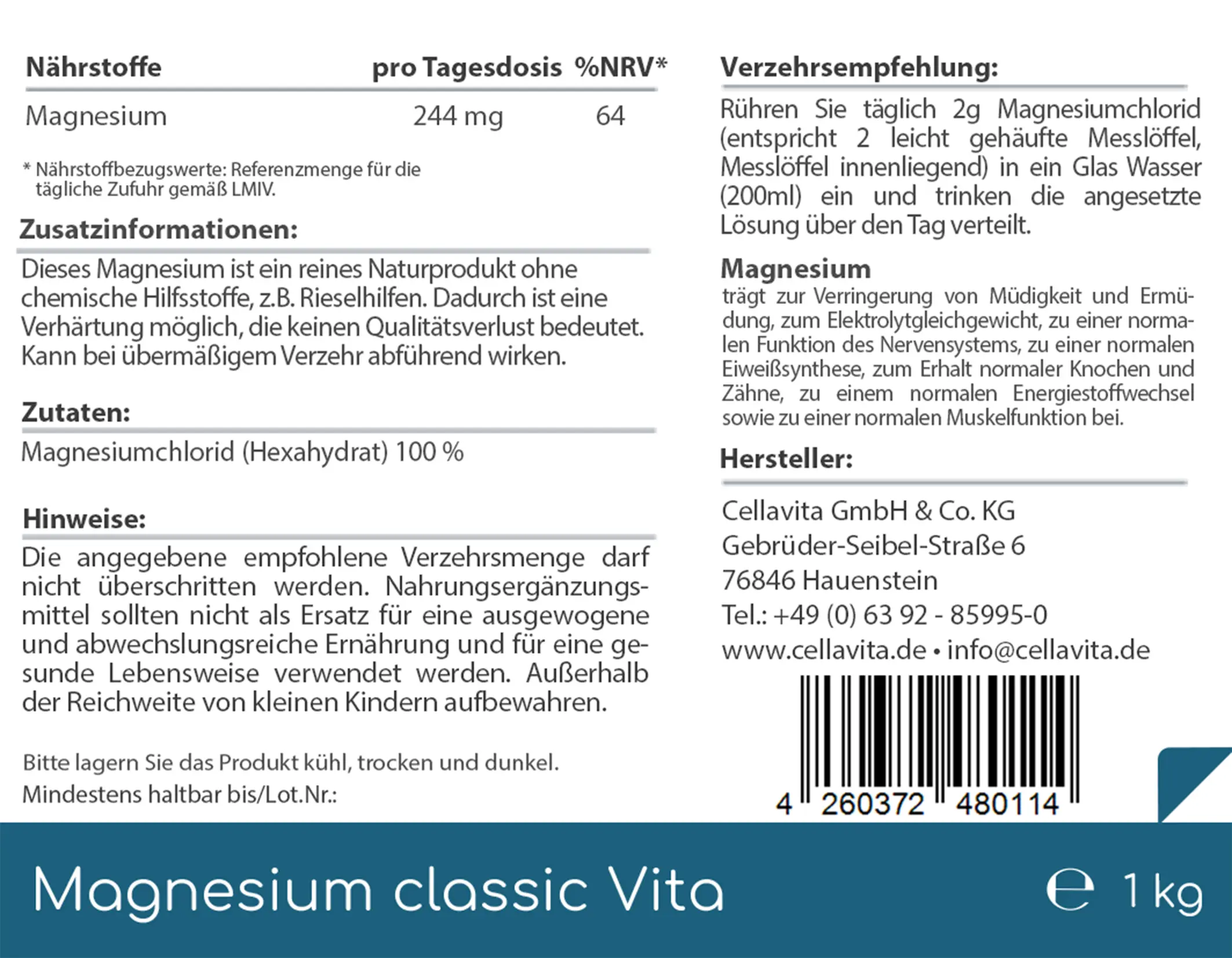 Magnesium Vita 'classic' (100%) Pulver