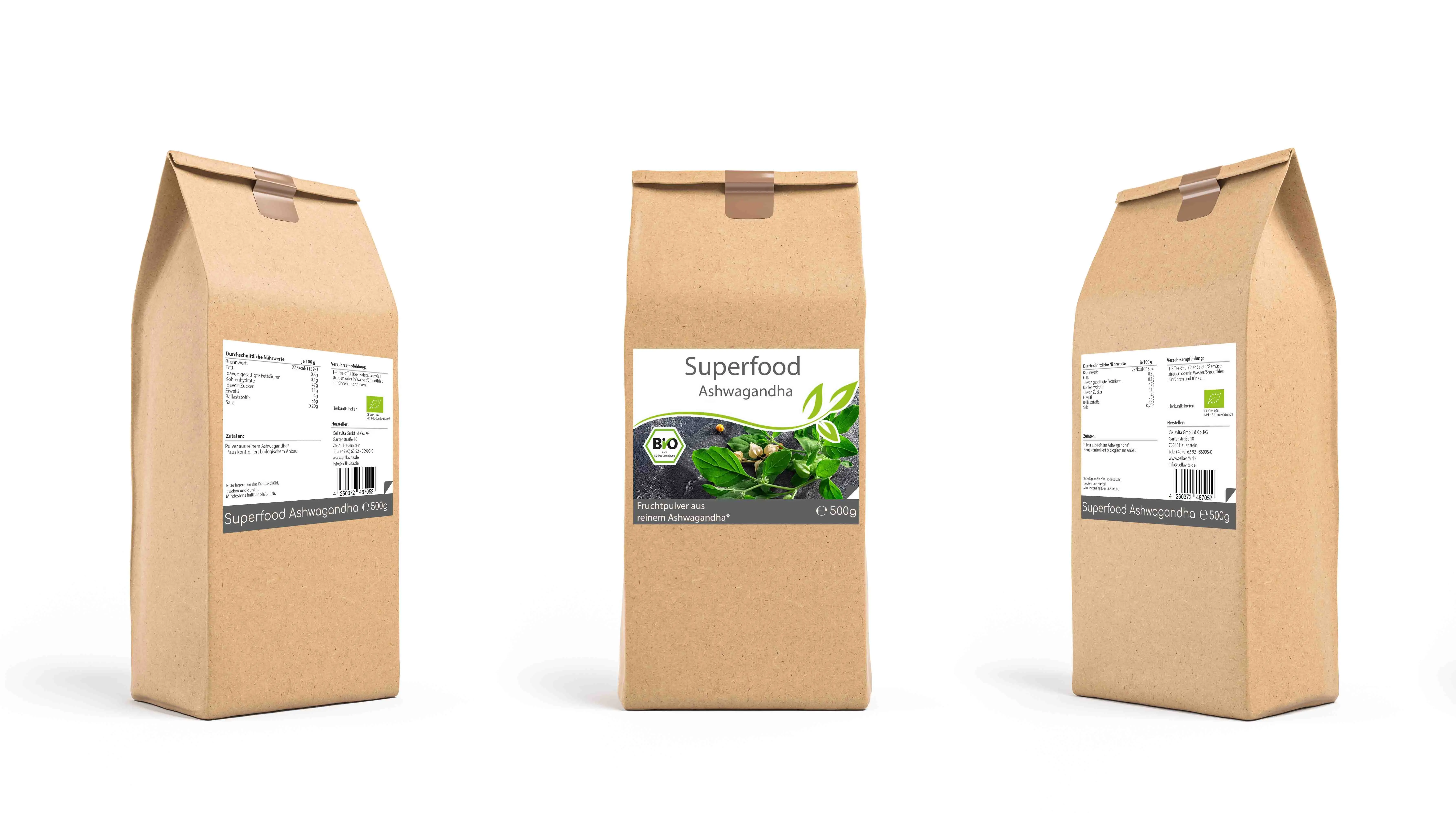 Superfood Ashwagandha bio 500g Pulver Vorratsbeutel