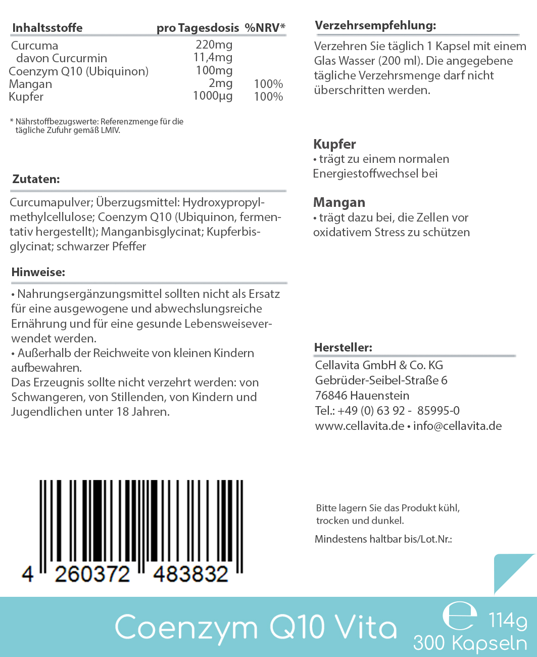 Coenzym Q10 Vita | (Mit Kurkuma + Mangan + Kupfer)