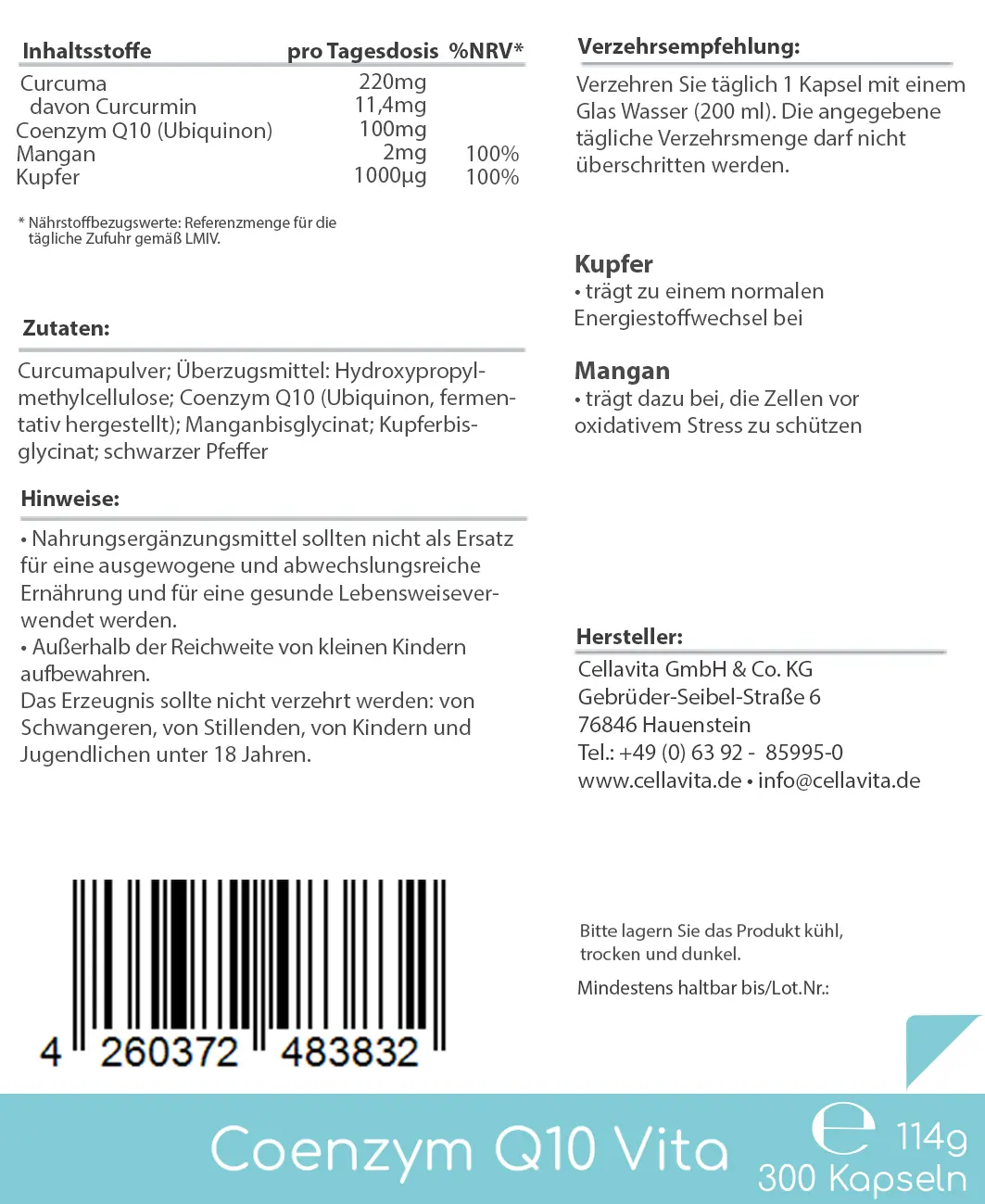 Coenzym Q10 Vita | (Mit Kurkuma + Mangan + Kupfer)