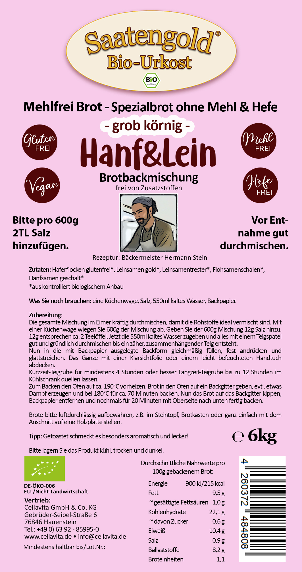 Mehlfreibrot Hanf & Lein -grob körnig- Bio Brotbackmischung 