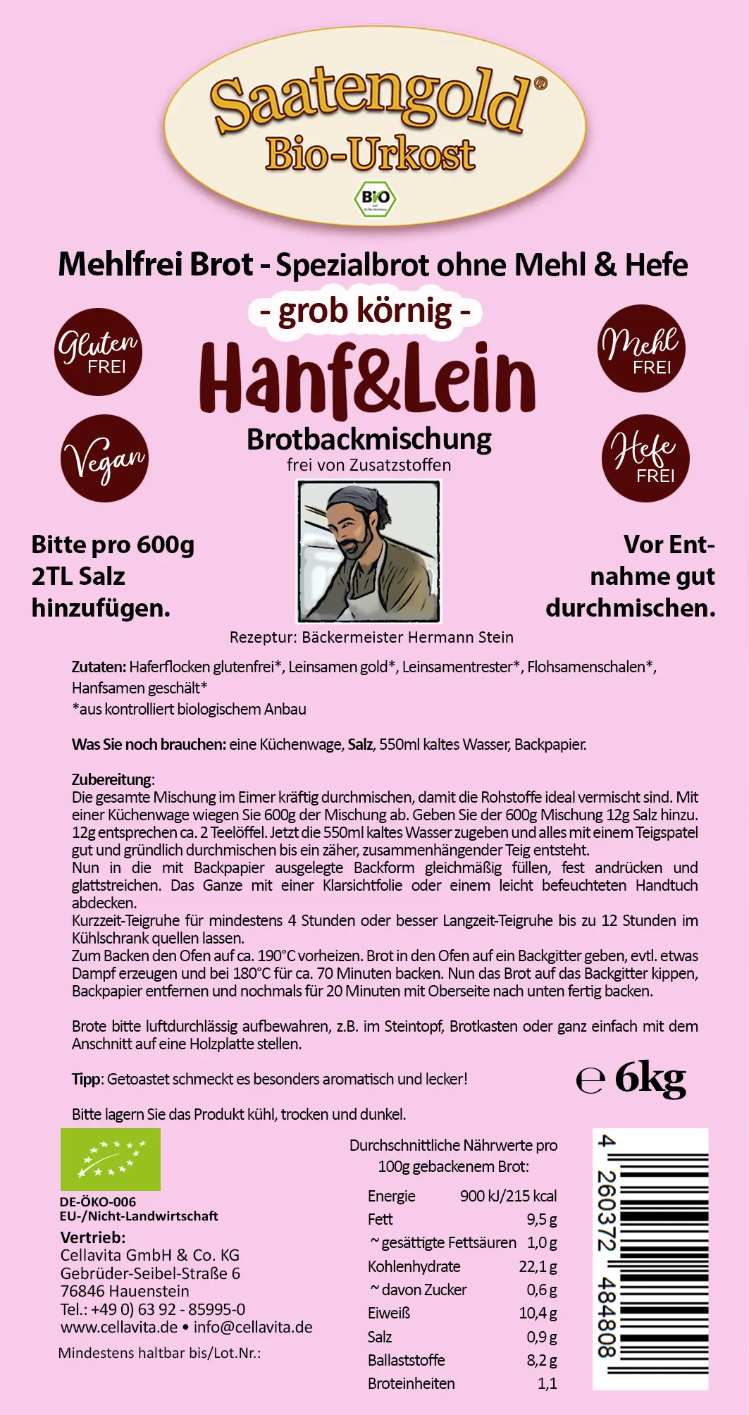 Mehlfreibrot Hanf & Lein -grob körnig- Bio Brotbackmischung 